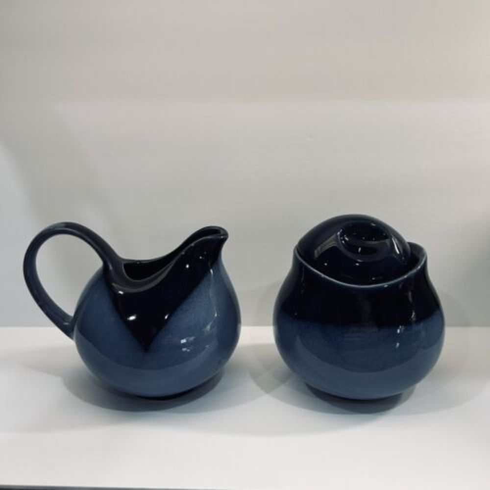 Sango Pottery Creamer and Sugar Bowl with Lid Light and Cobalt Blue Excellent Co